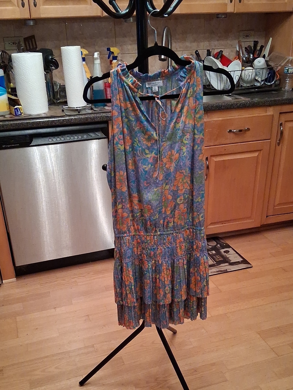 Current Air Sleeveless Floral Tie-Neck Tiered Mini Dress in Blue and Orange